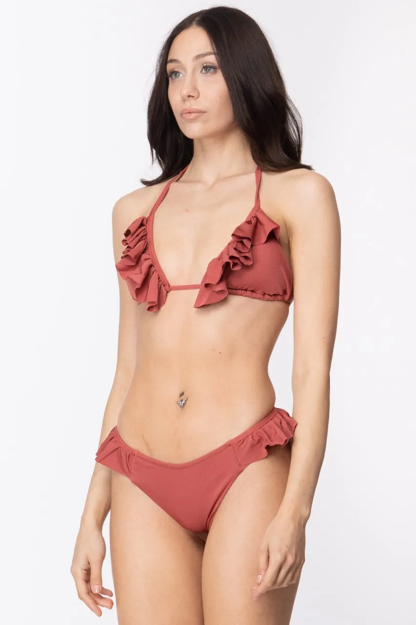 Bikini a triangolo a costine con volant Petalo MATTONE