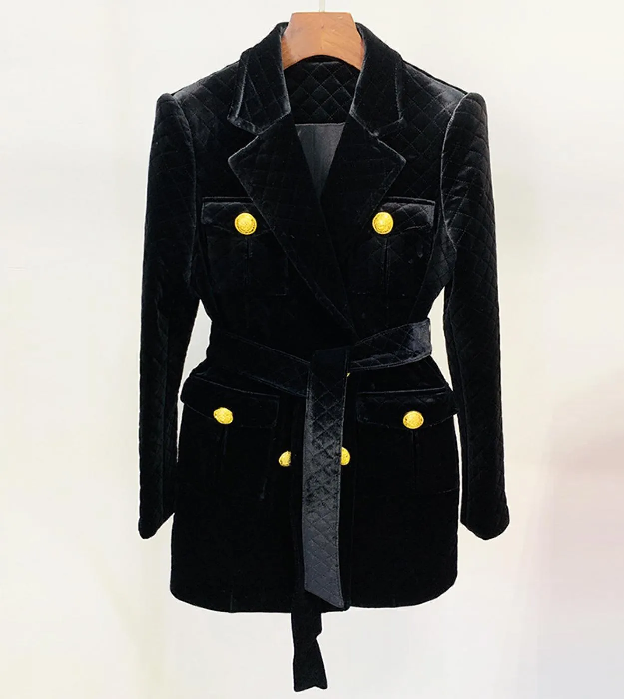 Cappotto da giacca in velluto Autunno Inverno 2022 Trench lungo in velluto rombico nero con bottoni a forma di leone in cotone s